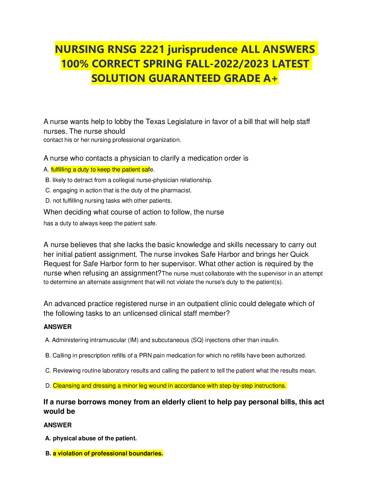 Preview image for NURSING RNSG 2221 jurisprudence ALL ANSWERS 100% CORRECT SPRING FALL-2022/2023 LATEST SOLUTION GUARANTEED GRADE A+